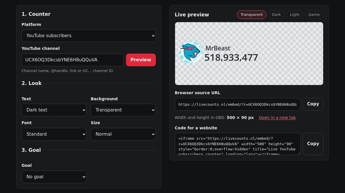 The Livecounts.nl OBS overlay builder with a YouTube subscriber counter for MrBeast in the preview and the browser source URL below it